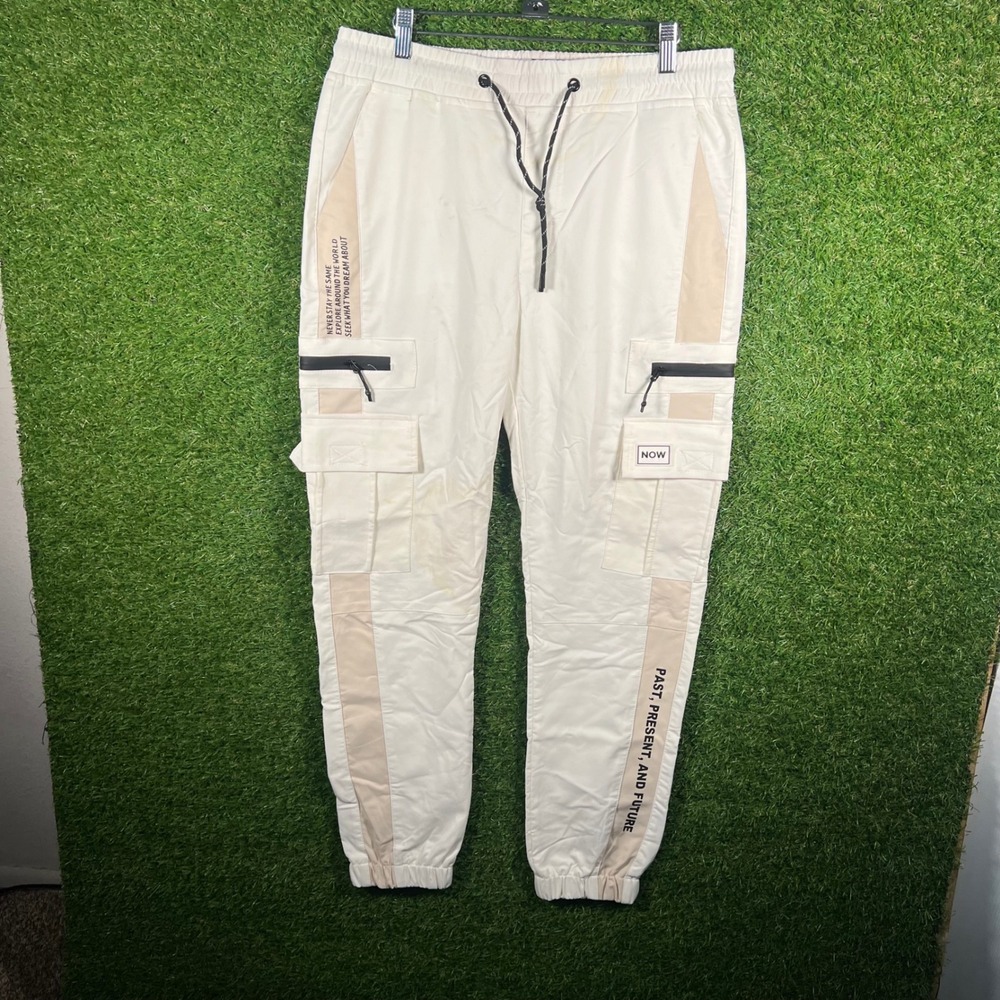 Rock Salt Mens Cream Cargo Jogger Pants Graphic Text Streetwear Size Large